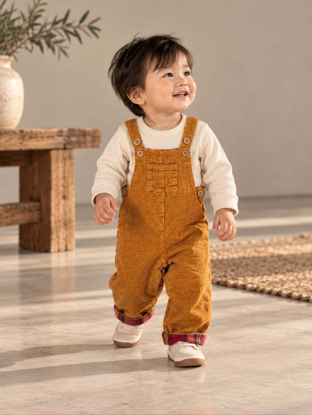 Tahari Baby Mustard Corduroy Overalls 12M Plaid Trim Cottagecore Dungarees